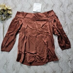 Tibi 100% Silk Wide Collar Copper Color Flow Lightweight Blouse Size 2